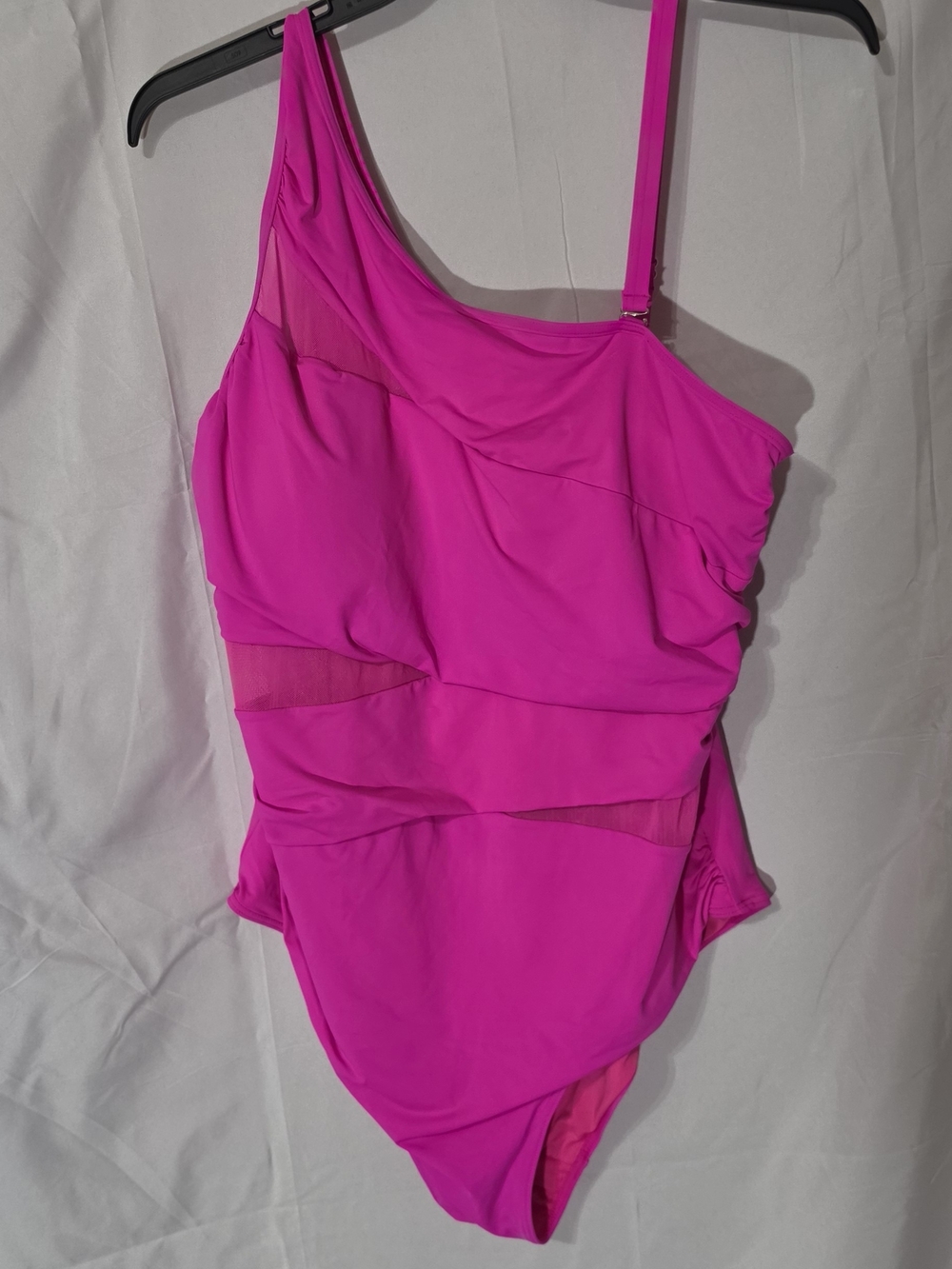 One-Shoulder Fuchsia One-Piece Swimsuit with Mesh Insets